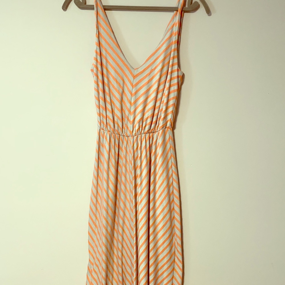 Orange and gray striped maxi dress